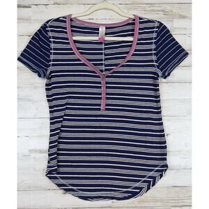 No Boundaries Juniors Striped Short Sleeve Ribbed Knit Top Size Med Pink Blue
